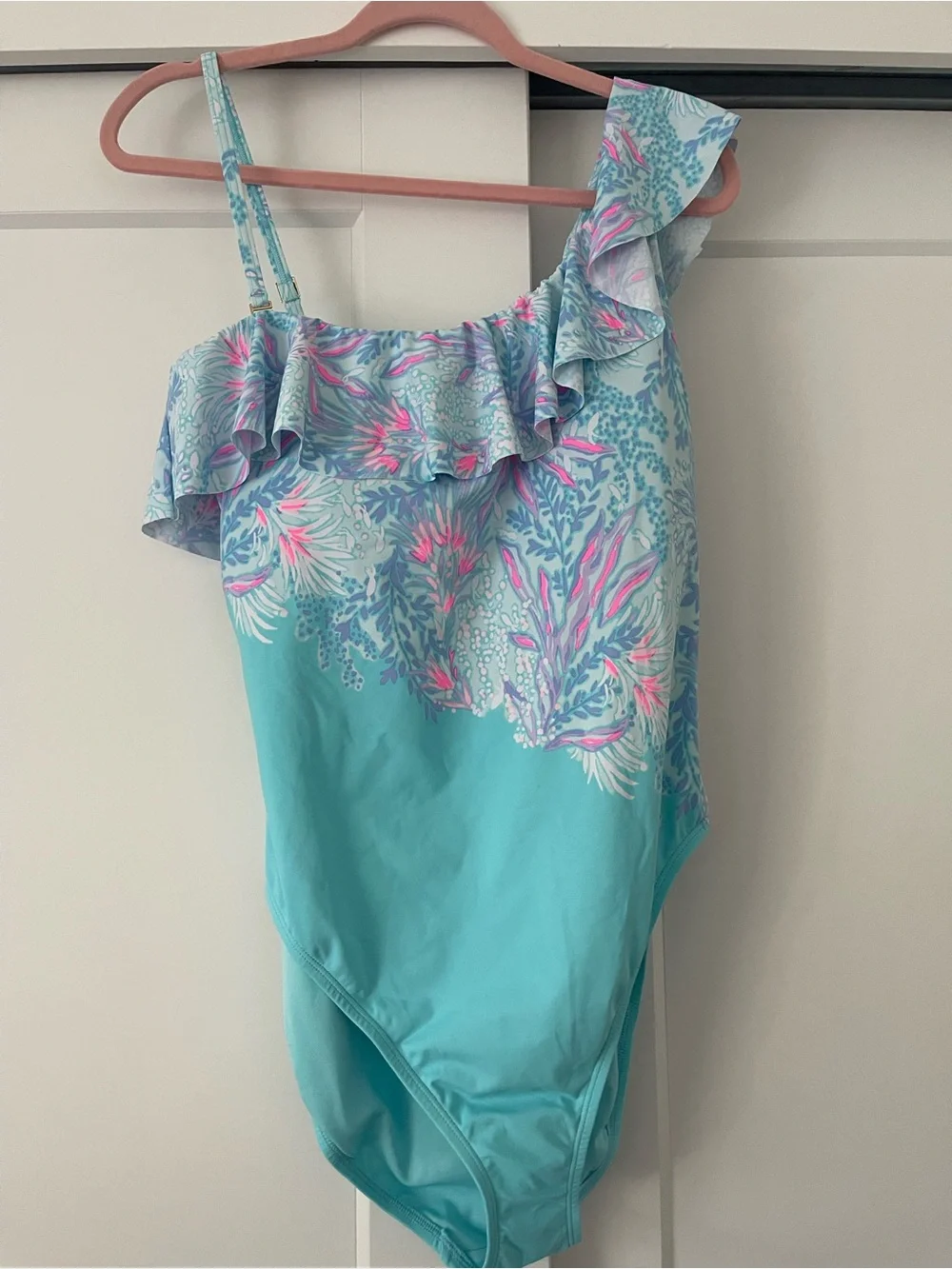 Lilly Pulitzer Turquoise One-Shoulder Ruffle Swimsuit with Pink Coral Print - Picture 3 of 4
